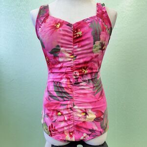 Maxine of Hollywood Floral Swimdress Swimsuit Size 10 Ruched Tummy Control Pink